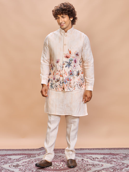 Peach Floral Linen Jacket Kurta Set for Men
