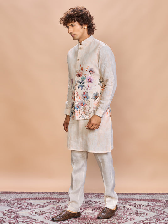 Peach Floral Linen Jacket Kurta Set for Men