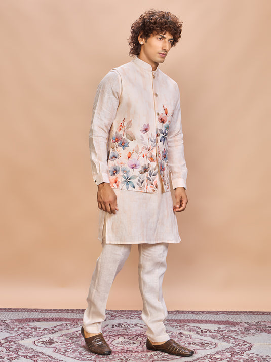Peach Floral Linen Jacket Kurta Set for Men
