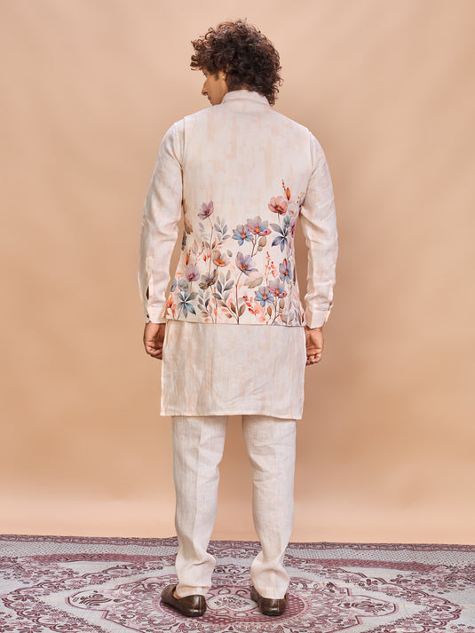 Peach Floral Linen Jacket Kurta Set for Men