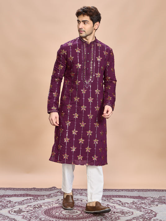 Wine Silk Embroidered Kurta Set