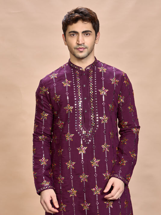 Wine Silk Embroidered Kurta Set