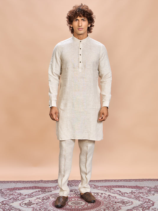 Grey Printed Linen Jacket Kurta Set for Men