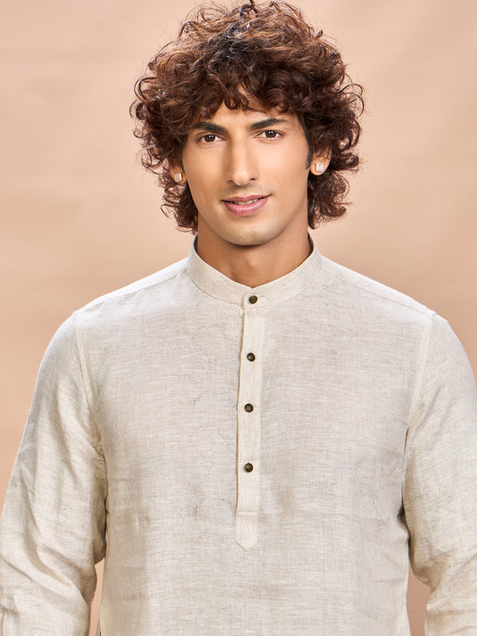 Grey Printed Linen Jacket Kurta Set for Men