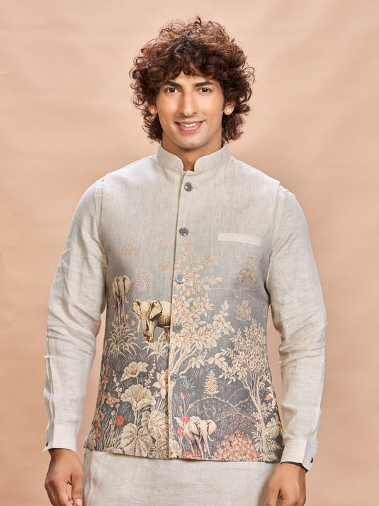 Grey Printed Linen Jacket Kurta Set for Men