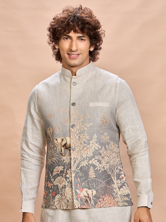 Grey Printed Linen Jacket Kurta Set for Men