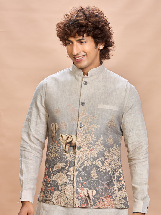 Grey Printed Linen Jacket Kurta Set for Men