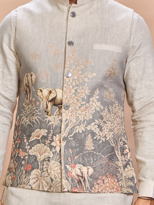 Grey Printed Linen Jacket Kurta Set for Men