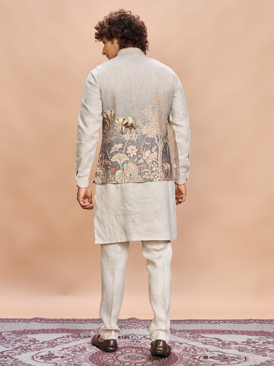Grey Printed Linen Jacket Kurta Set for Men