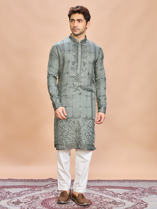 Green Silk Embroidered Kurta Set