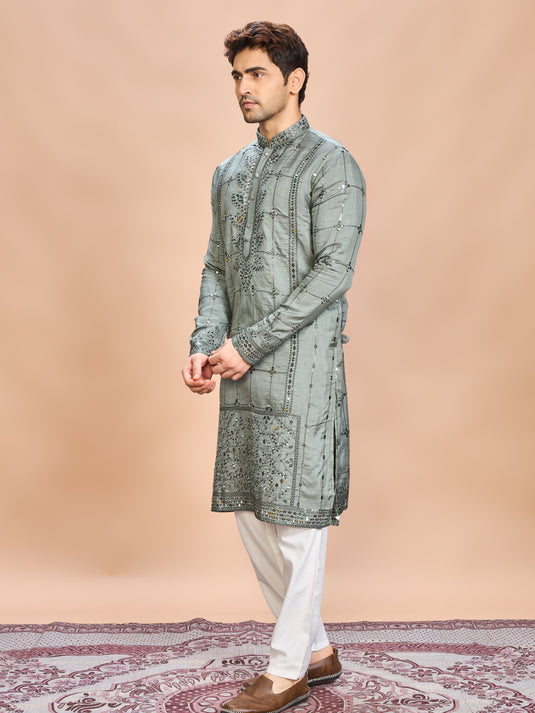 Green Silk Embroidered Kurta Set