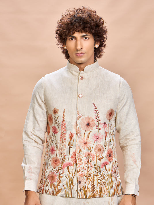 Floral Pink Linen Jacket Kurta Set for Me