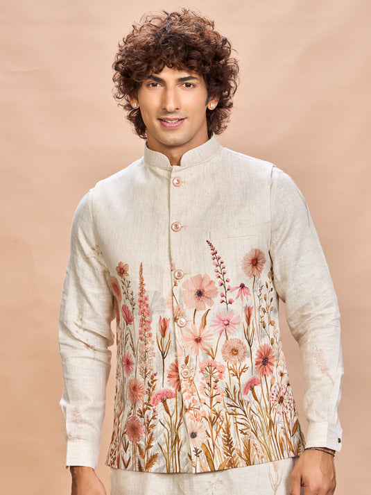 Floral Pink Linen Jacket Kurta Set for Me
