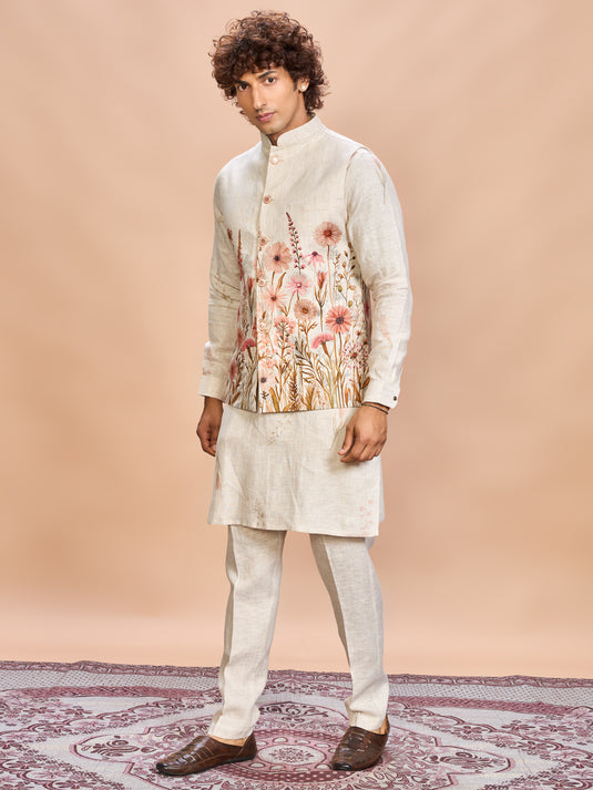 Floral Pink Linen Jacket Kurta Set for Me
