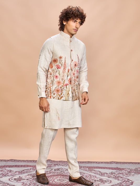 Floral Pink Linen Jacket Kurta Set for Me