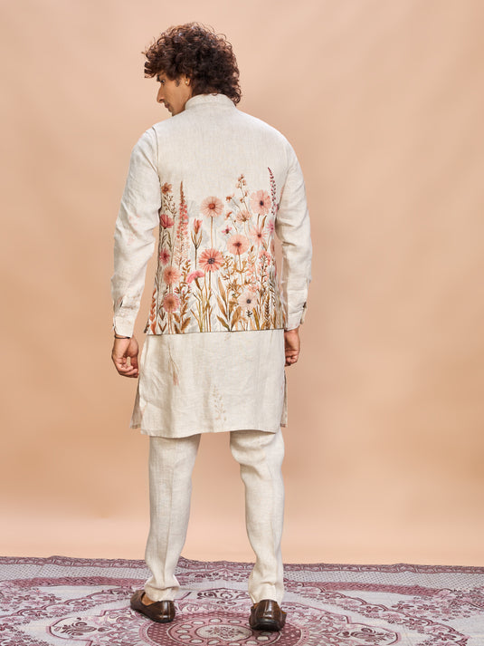 Floral Pink Linen Jacket Kurta Set for Me
