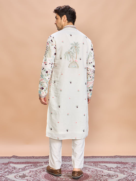 Cream Silk Embroidered Kurta Set