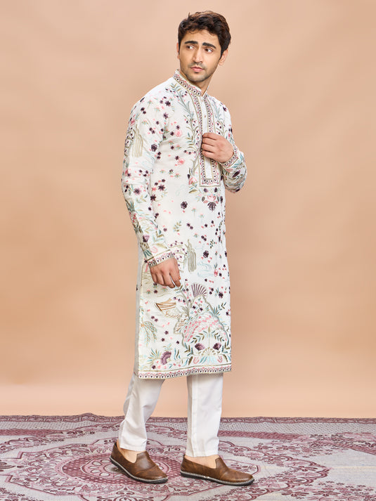 Cream Silk Embroidered Kurta Set