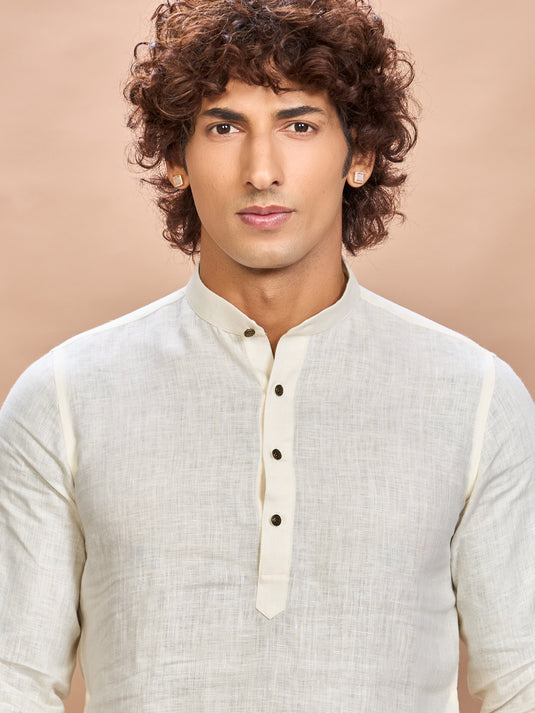 Luxury Cream Embroidered Linen Jacket Kurta Set for Men