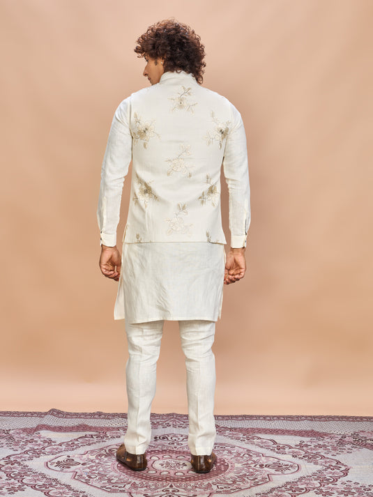 Luxury Cream Embroidered Linen Jacket Kurta Set for Men