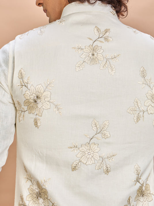 Luxury Cream Embroidered Linen Jacket Kurta Set for Men