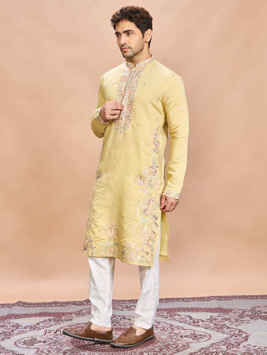 Mustard Silk Embroidered Kurta Set