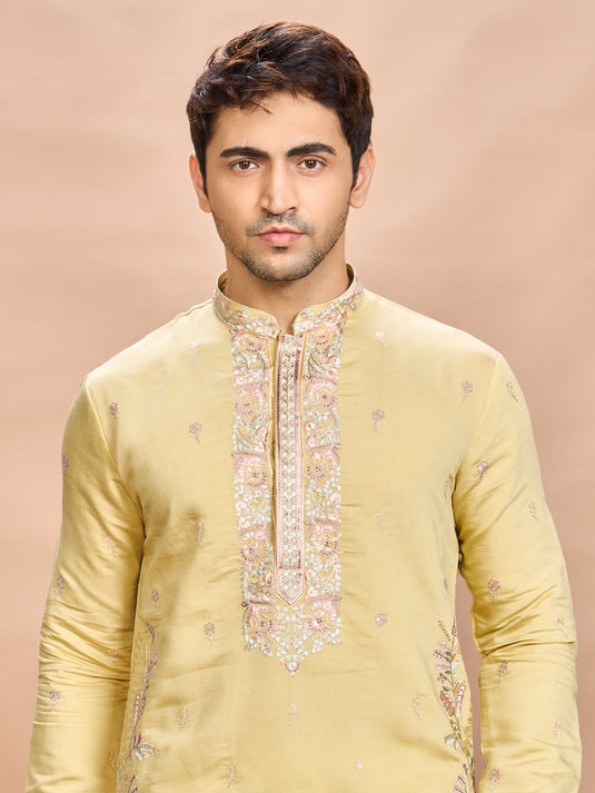 Mustard Silk Embroidered Kurta Set