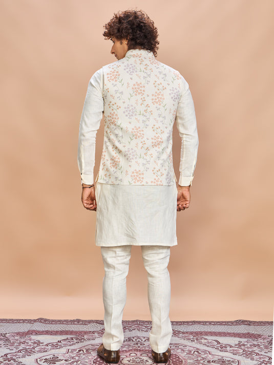Multi Floral Printed Linen Jacket Kurta Set for Men