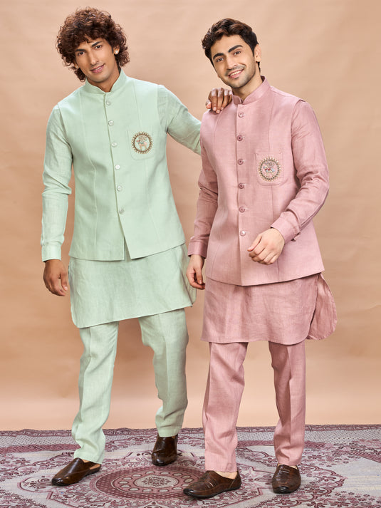 Pink Linen Jacket Kurta Set for Men