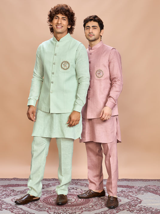Pink Linen Jacket Kurta Set for Men