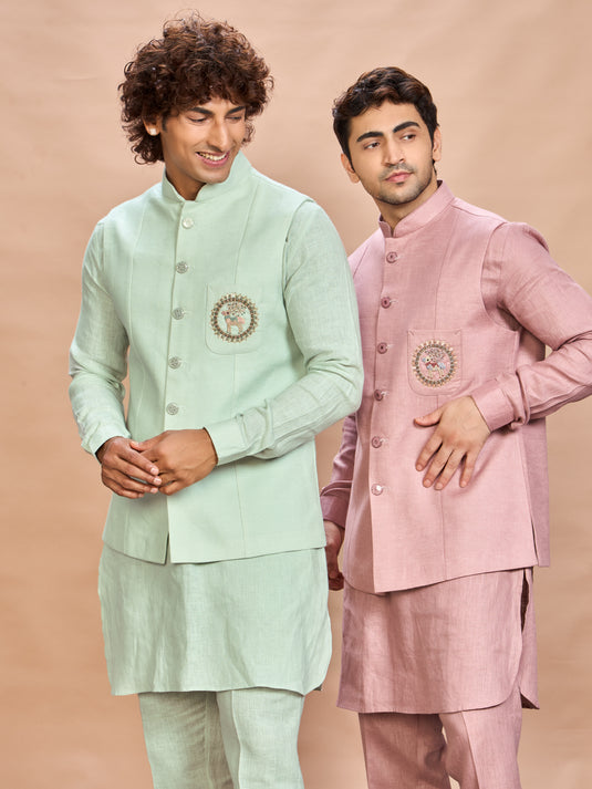 Pink Linen Jacket Kurta Set for Men