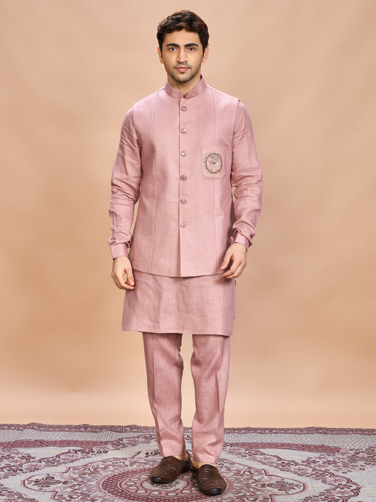 Pink Linen Jacket Kurta Set for Men