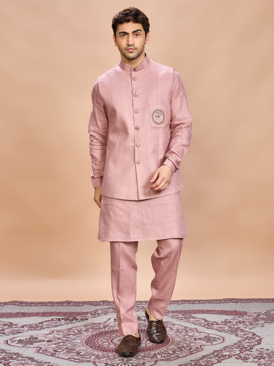 Pink Linen Jacket Kurta Set for Men