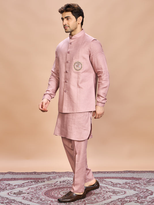 Pink Linen Jacket Kurta Set for Men