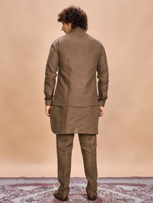 Brown Linen Jacket Kurta Set for Men