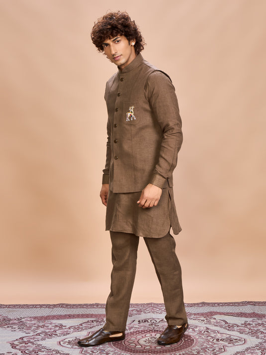 Brown Linen Jacket Kurta Set for Men