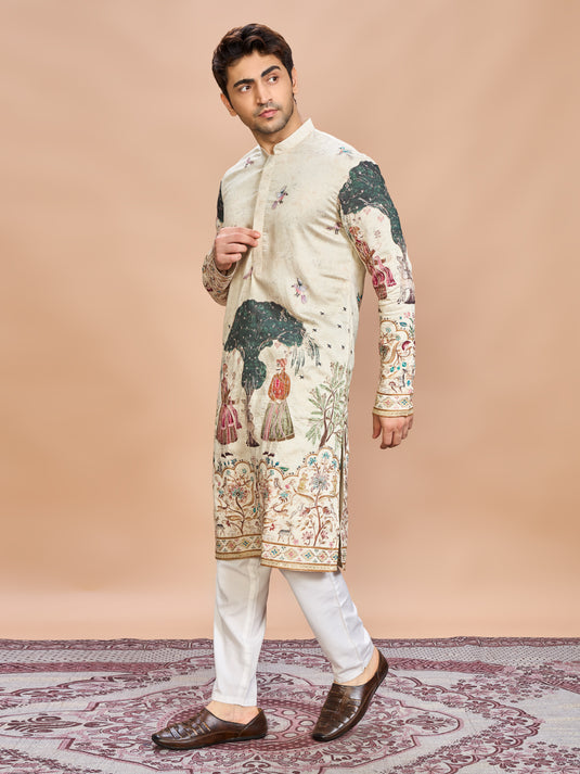 Cream Silk Embroidered Kurta Set