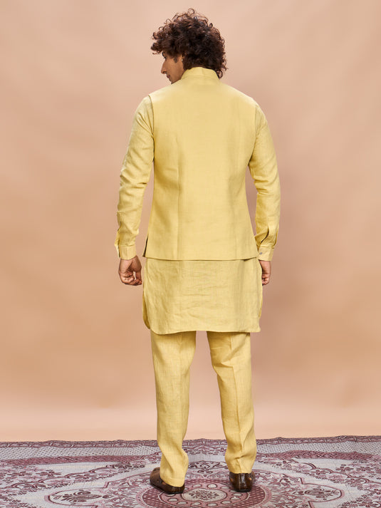 Yellow Linen Jacket Kurta Set for Men