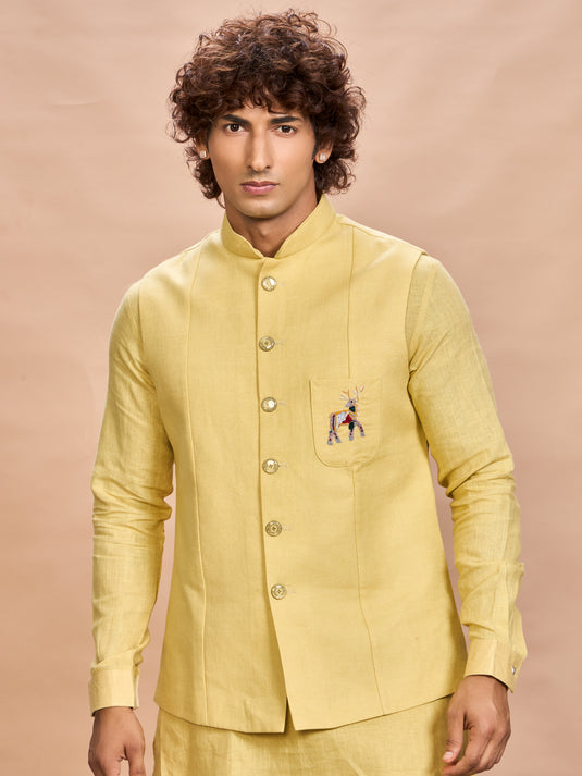 Yellow Linen Jacket Kurta Set for Men