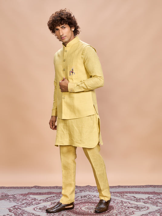 Yellow Linen Jacket Kurta Set for Men