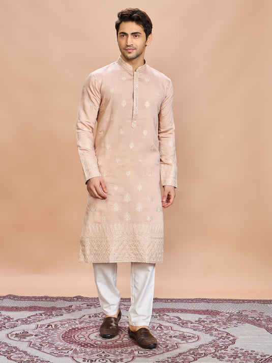 Peach Silk Embroidered Kurta Set
