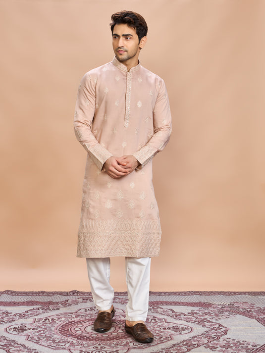 Peach Silk Embroidered Kurta Set
