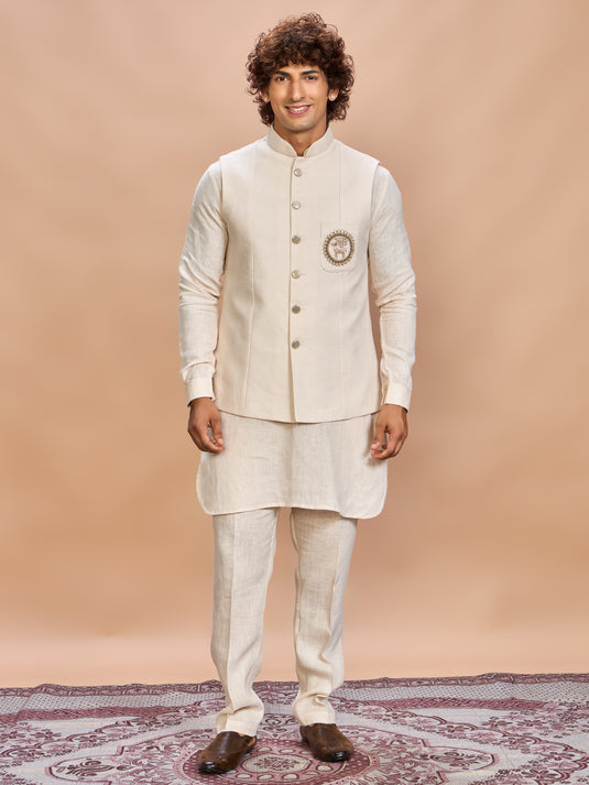 Cream Linen Jacket Kurta Set for Men