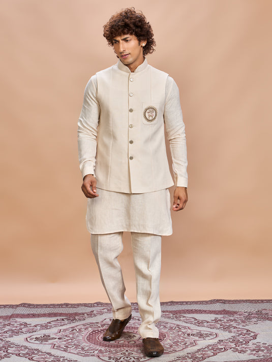 Cream Linen Jacket Kurta Set for Men