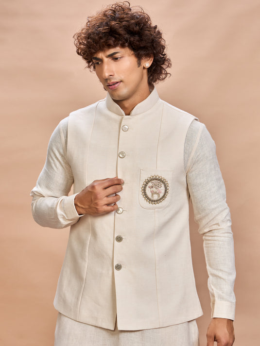 Cream Linen Jacket Kurta Set for Men