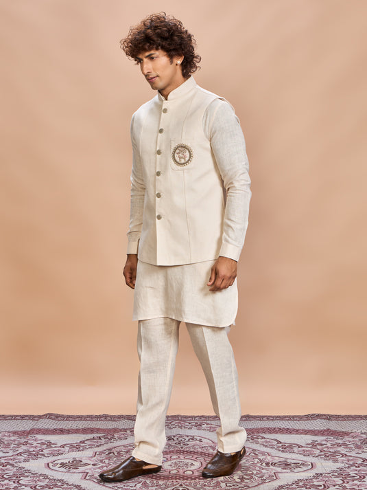 Cream Linen Jacket Kurta Set for Men