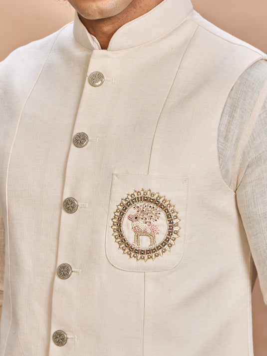Cream Linen Jacket Kurta Set for Men