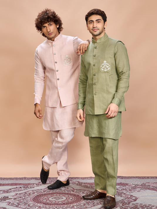 Blush Pink Linen Jacket Kurta Set for Men