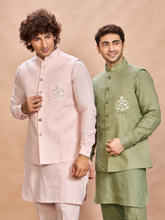 Blush Pink Linen Jacket Kurta Set for Men