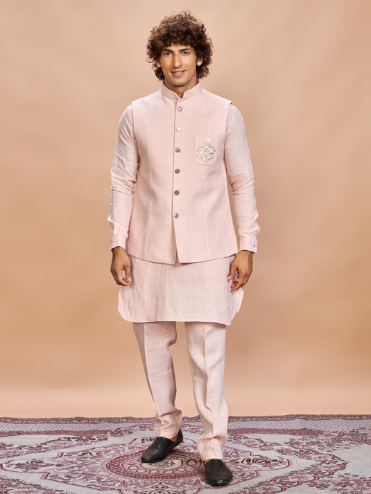 Blush Pink Linen Jacket Kurta Set for Men
